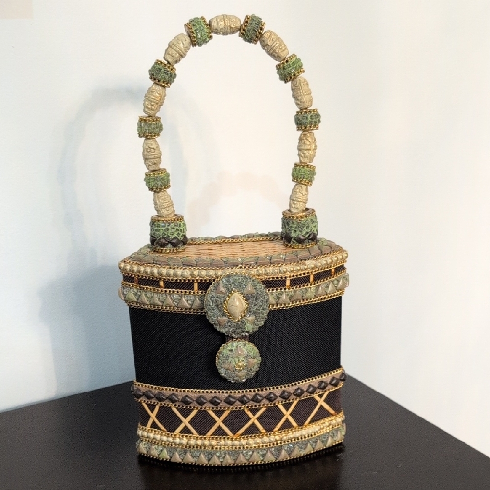 Mary Frances Designer Rattan & Stone Elegant Neutral Earth Tone Handbag